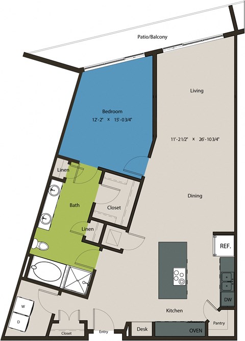 Floor plan for 1 bed, 1 bath, 1158 sqft